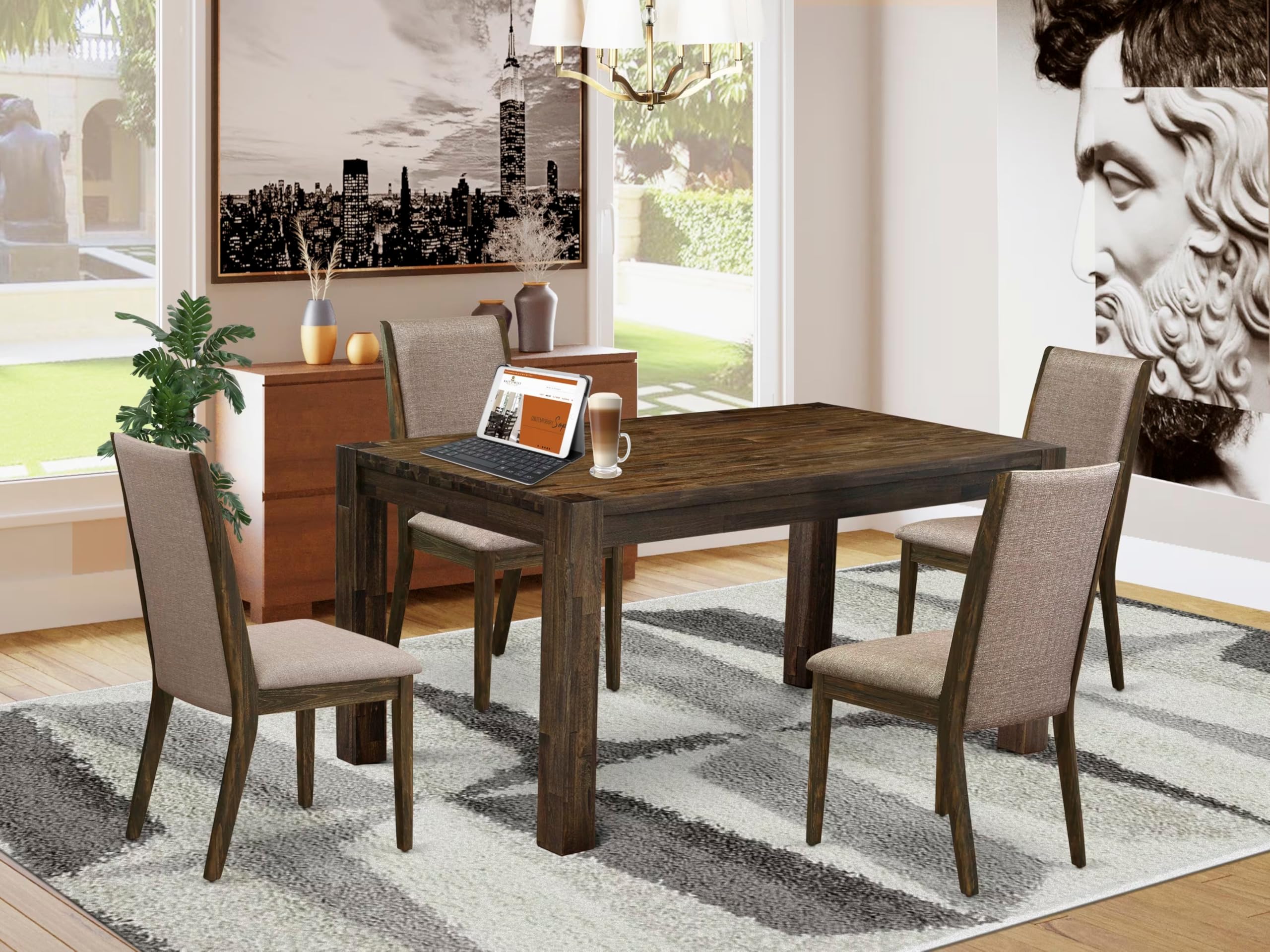 East West Furniture Cnla5-77-16 5 Piece Dinette Set For 4 Includes A Rectangle Rustic Wood Dining Room Table And 4 Dark Khaki Linen Fabric Parson Dining Chairs, 36X60 Inch, Jacobean